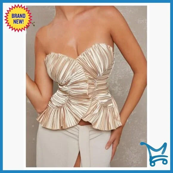 Pleated Satin Strapless Tube Top Party Cocktail Bandeau Zipper Back - Picture 3 of 6